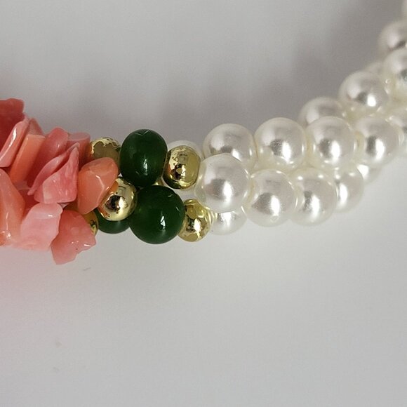 Vintage Faux pearl Coral & Jade 1970's Bracelet Cluster 8" - Picture 5 of 6